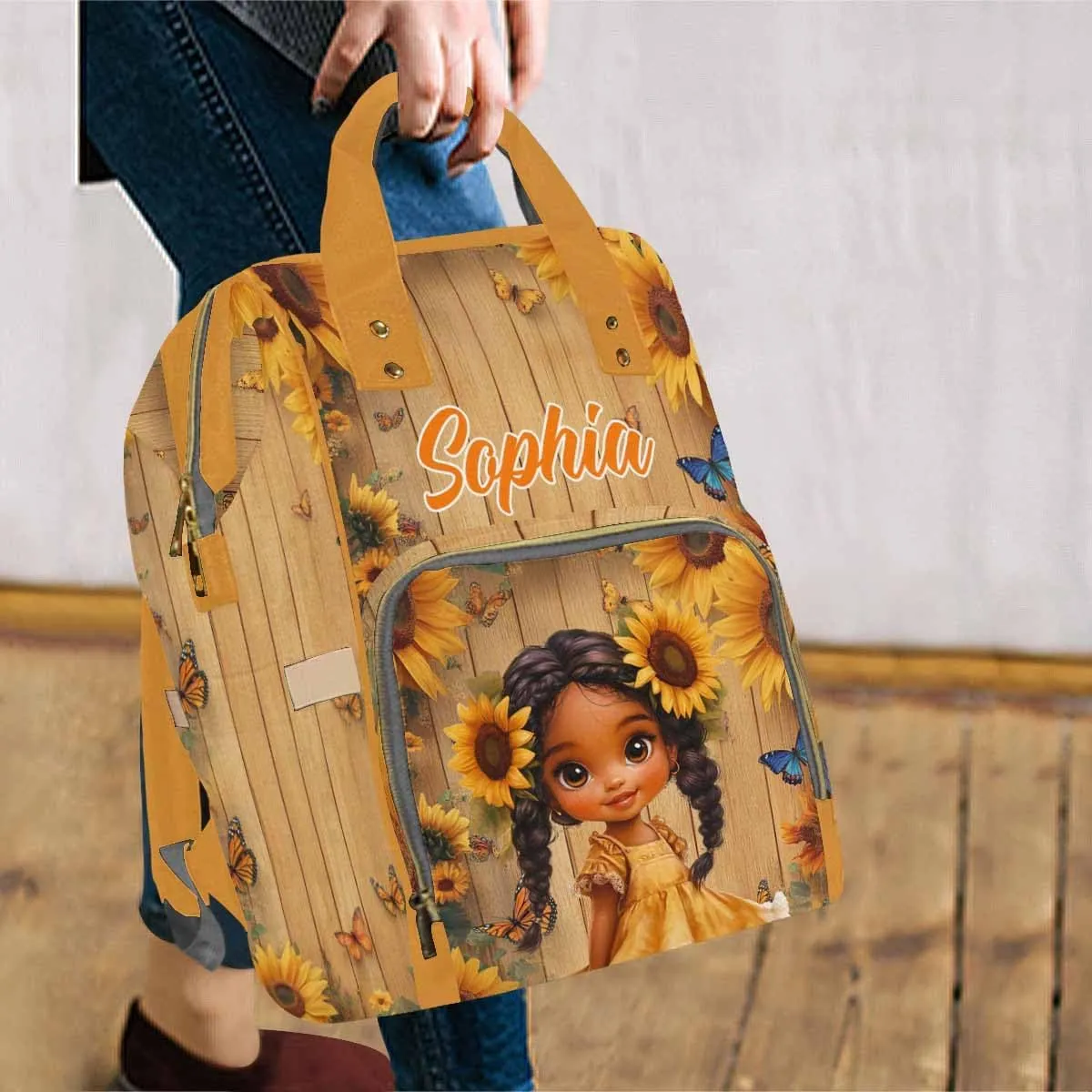 Customization Diaper Bag Backpack Princess Flowers Cute Girl Casual Daypack with Name Waterproof Customize Name Nappy Bags for Mom Mother's Day Christmas Birthday Baby Shower