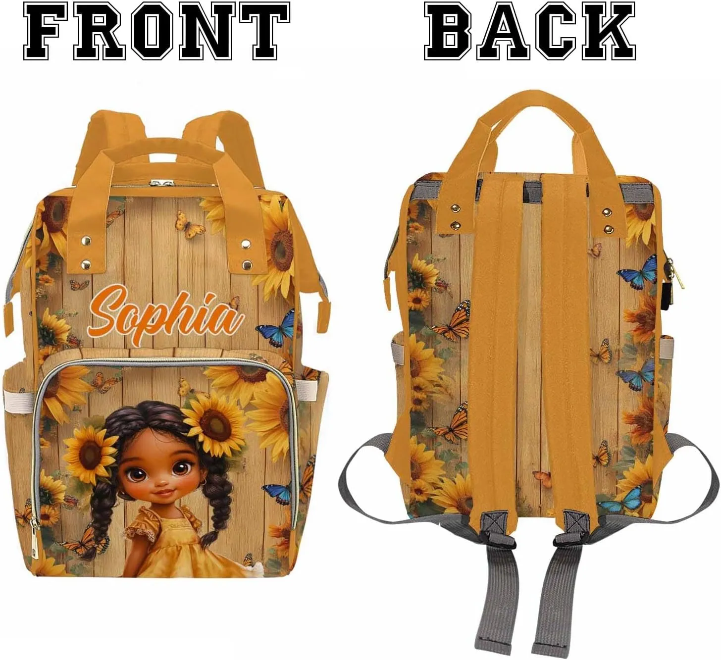 Customization Diaper Bag Backpack Princess Flowers Cute Girl Casual Daypack with Name Waterproof Customize Name Nappy Bags for Mom Mother's Day Christmas Birthday Baby Shower
