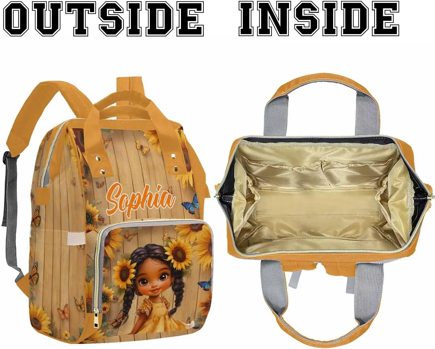 Customization Diaper Bag Backpack Princess Flowers Cute Girl Casual Daypack with Name Waterproof Customize Name Nappy Bags for Mom Mother's Day Christmas Birthday Baby Shower