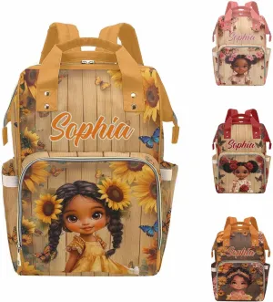 Customization Diaper Bag Backpack Princess Flowers Cute Girl Casual Daypack with Name Waterproof Customize Name Nappy Bags for Mom Mother's Day Christmas Birthday Baby Shower