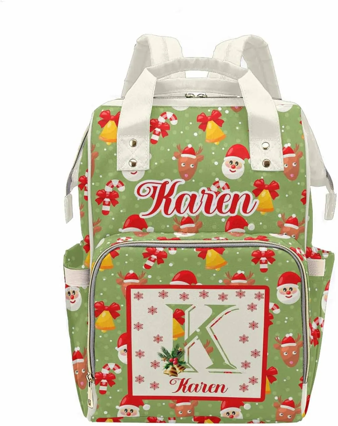 Customized Diaper Bag with Santa Claus & Christmas Reindeer, Personalized Name & Letter Cute Mommy Nursing Bags for Travel Green Color with Dots, Custom Nappy Bags Waterproof Backpack for Women