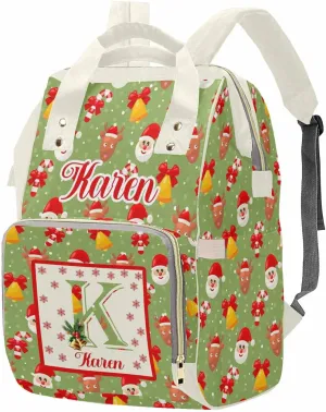 Customized Diaper Bag with Santa Claus & Christmas Reindeer, Personalized Name & Letter Cute Mommy Nursing Bags for Travel Green Color with Dots, Custom Nappy Bags Waterproof Backpack for Women