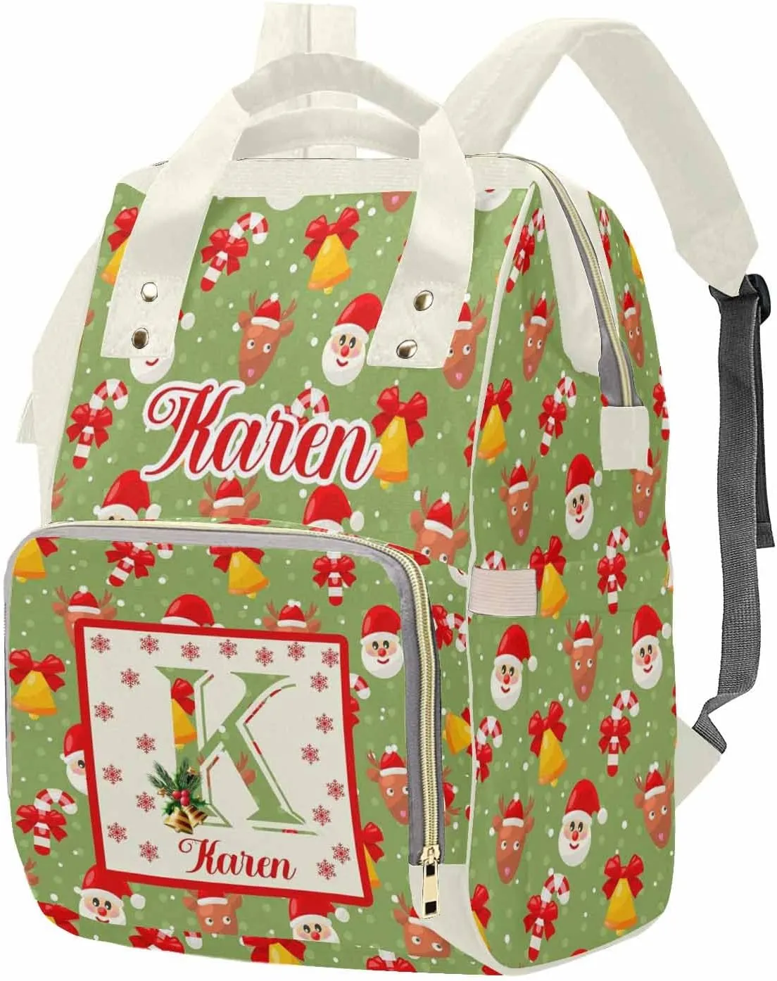 Customized Diaper Bag with Santa Claus & Christmas Reindeer, Personalized Name & Letter Cute Mommy Nursing Bags for Travel Green Color with Dots, Custom Nappy Bags Waterproof Backpack for Women