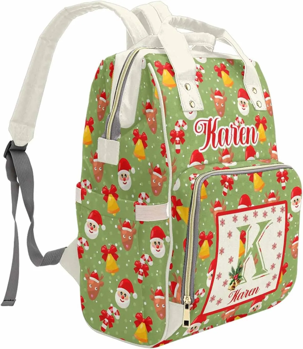 Customized Diaper Bag with Santa Claus & Christmas Reindeer, Personalized Name & Letter Cute Mommy Nursing Bags for Travel Green Color with Dots, Custom Nappy Bags Waterproof Backpack for Women