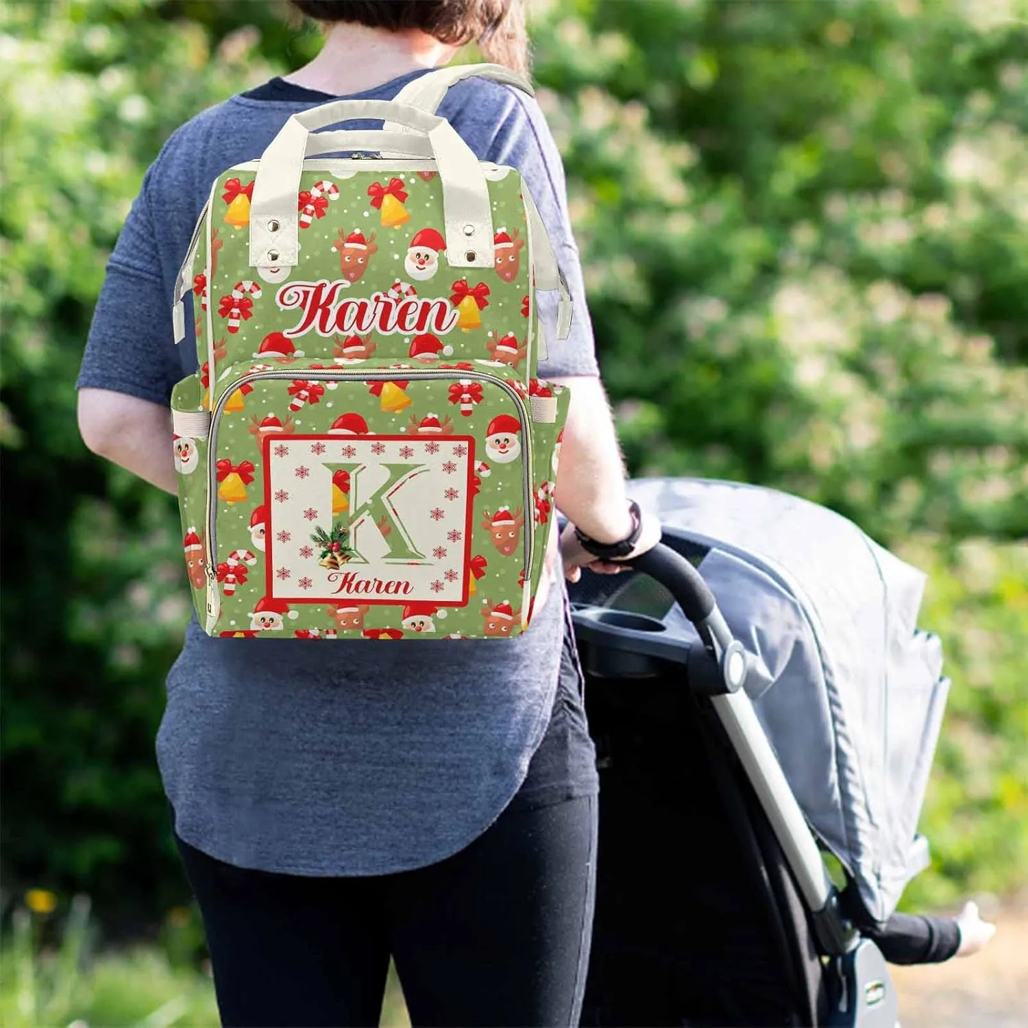 Customized Diaper Bag with Santa Claus & Christmas Reindeer, Personalized Name & Letter Cute Mommy Nursing Bags for Travel Green Color with Dots, Custom Nappy Bags Waterproof Backpack for Women