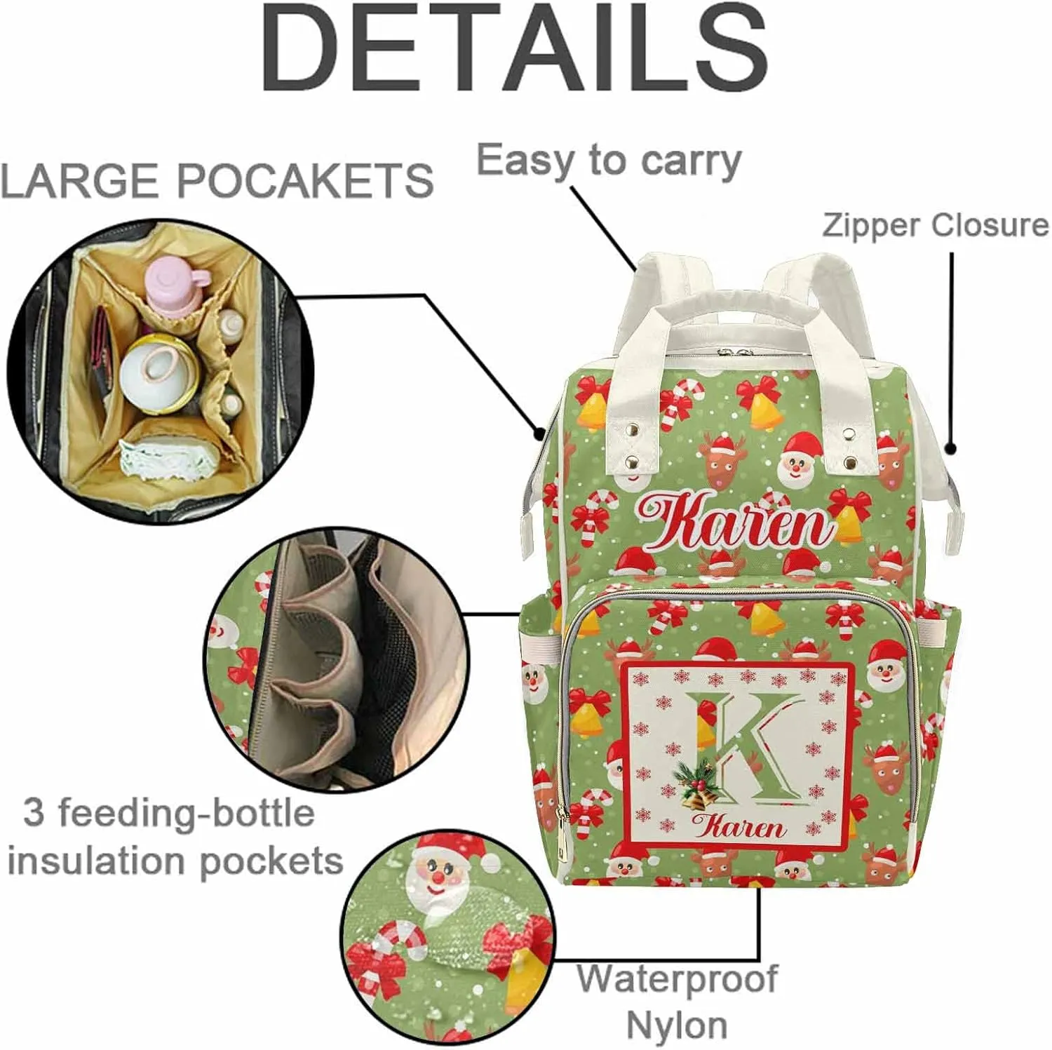 Customized Diaper Bag with Santa Claus & Christmas Reindeer, Personalized Name & Letter Cute Mommy Nursing Bags for Travel Green Color with Dots, Custom Nappy Bags Waterproof Backpack for Women