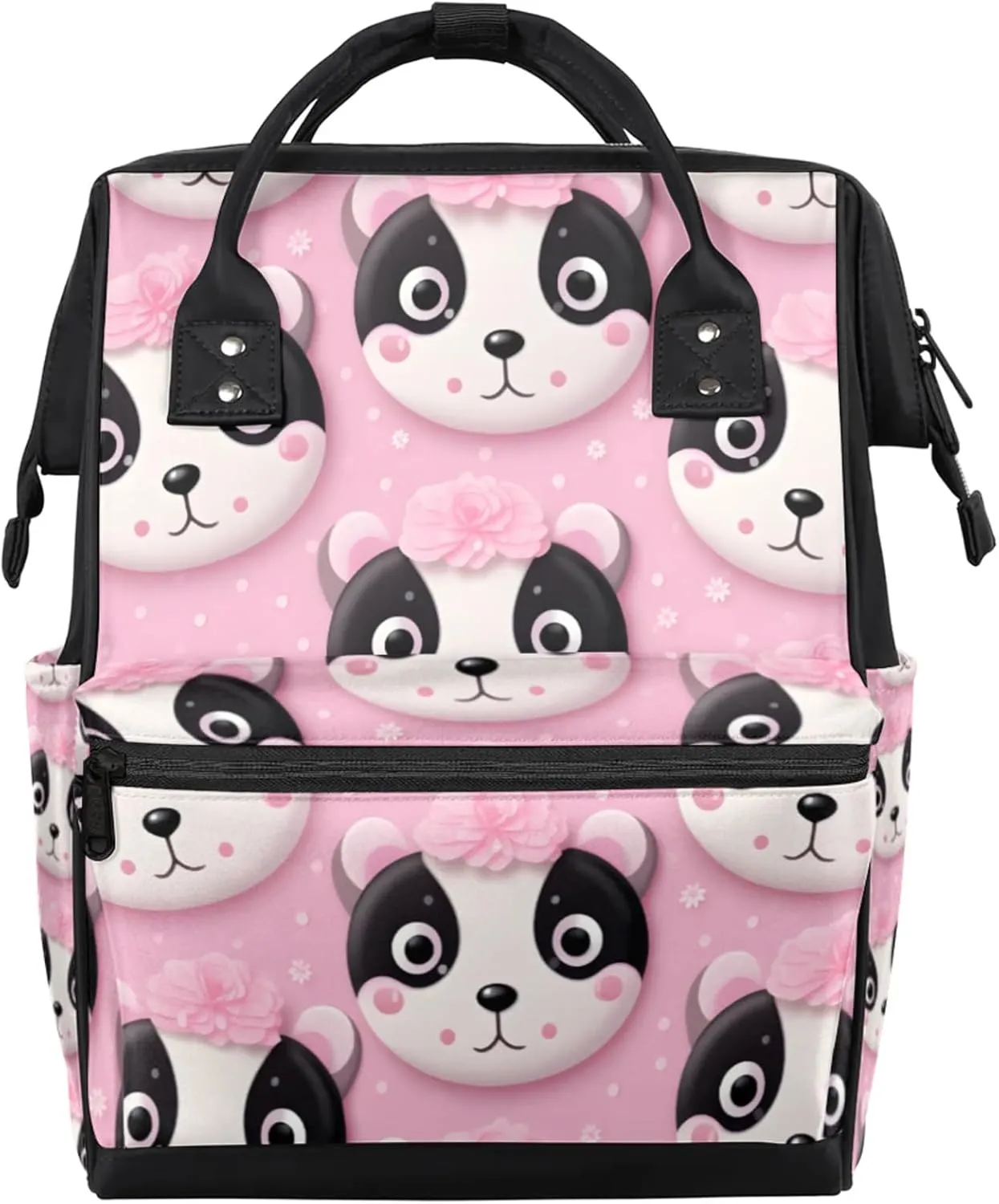 Cute Panda Head Flowers Diaper Bag Mommy Bags With Adjustable Shoulder Strap Waterproof Multifunction Shoulder Bag Travel Large Capacity Backpack for Moms And Dads
