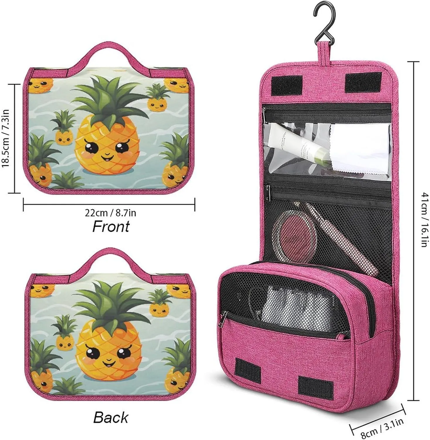 Cute Pineapple Travel Toiletry Bag for Women,Hanging Toiletry Organizer with Hook, Makeup Bag Travel Organizer for Shampoo,Toiletriesl