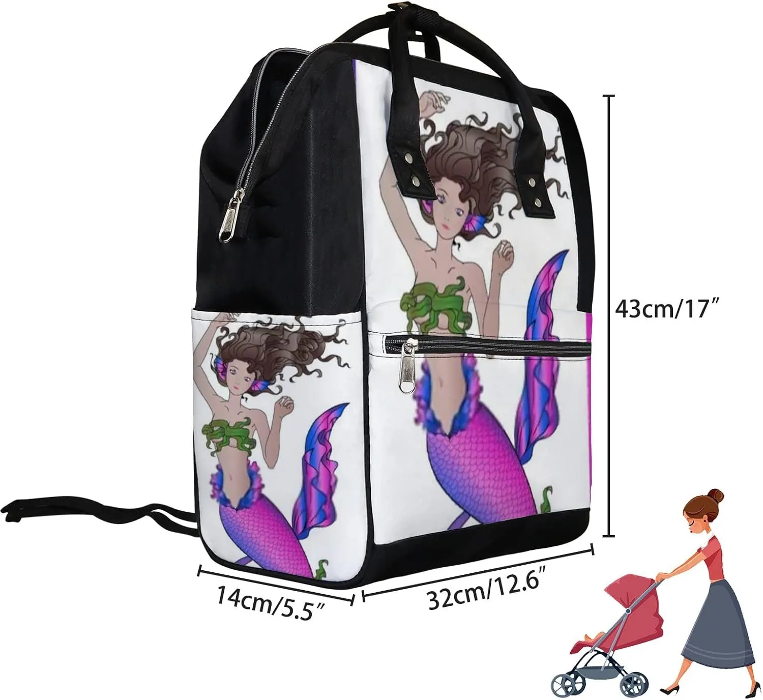 Cute Pink Blue Mermaid Diaper Bag Backpack, waterproof backpack Baby Nappy Changing Bags Laptop Backpack for Travel, Large Capacity, Durable and Stylish for Woman and Men.
