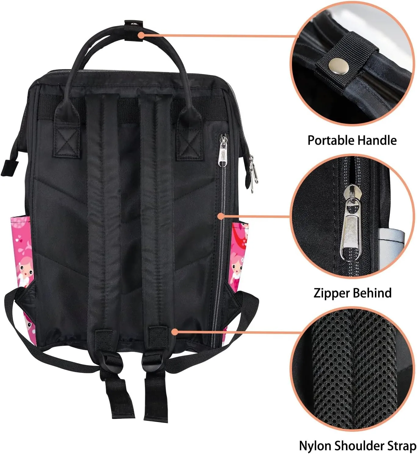 Cute Pink Red Mermaid Princess Girls Diaper Bag Backpack, waterproof backpack Baby Nappy Changing Bags Laptop Backpack for Travel, Large Capacity, Durable and Stylish for Woman and Men.