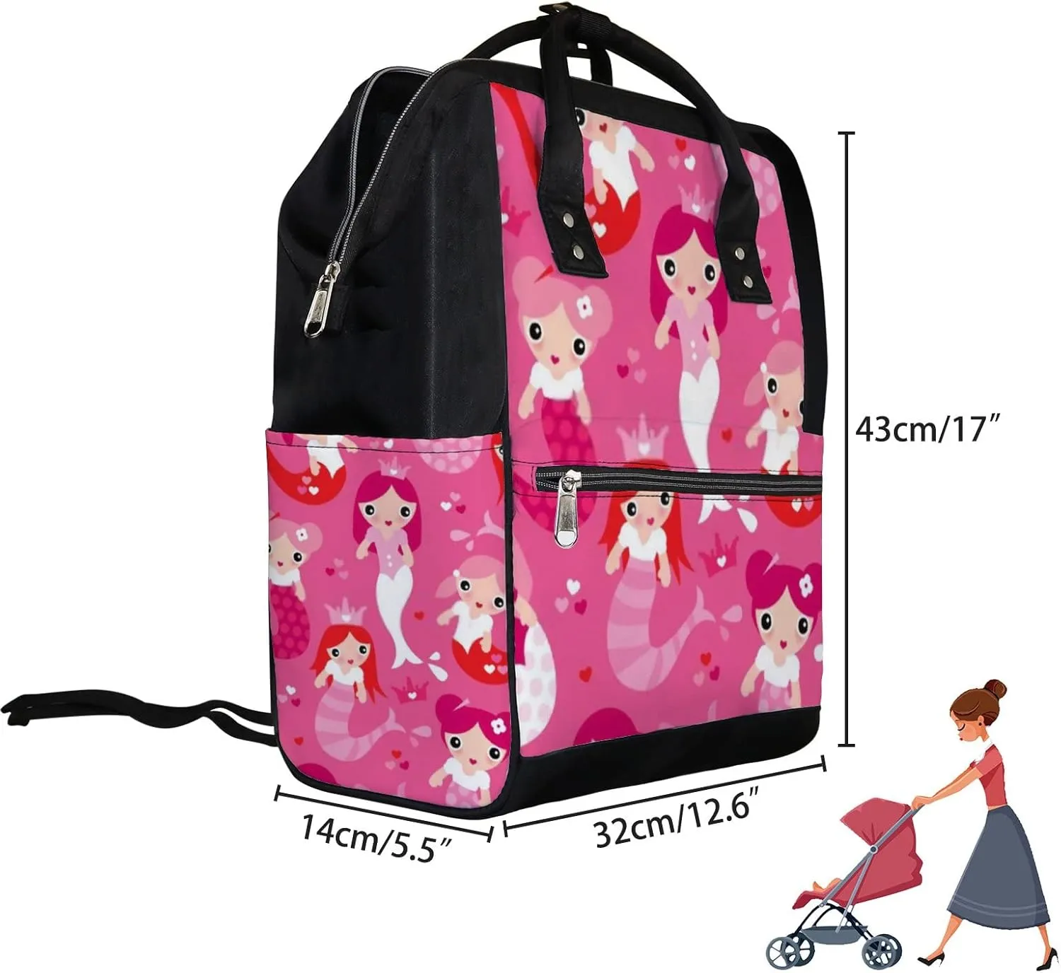 Cute Pink Red Mermaid Princess Girls Diaper Bag Backpack, waterproof backpack Baby Nappy Changing Bags Laptop Backpack for Travel, Large Capacity, Durable and Stylish for Woman and Men.
