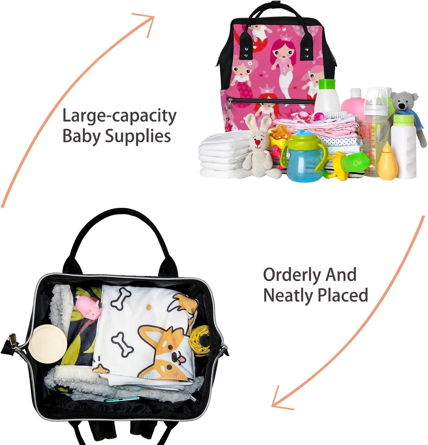 Cute Pink Red Mermaid Princess Girls Diaper Bag Backpack, waterproof backpack Baby Nappy Changing Bags Laptop Backpack for Travel, Large Capacity, Durable and Stylish for Woman and Men.