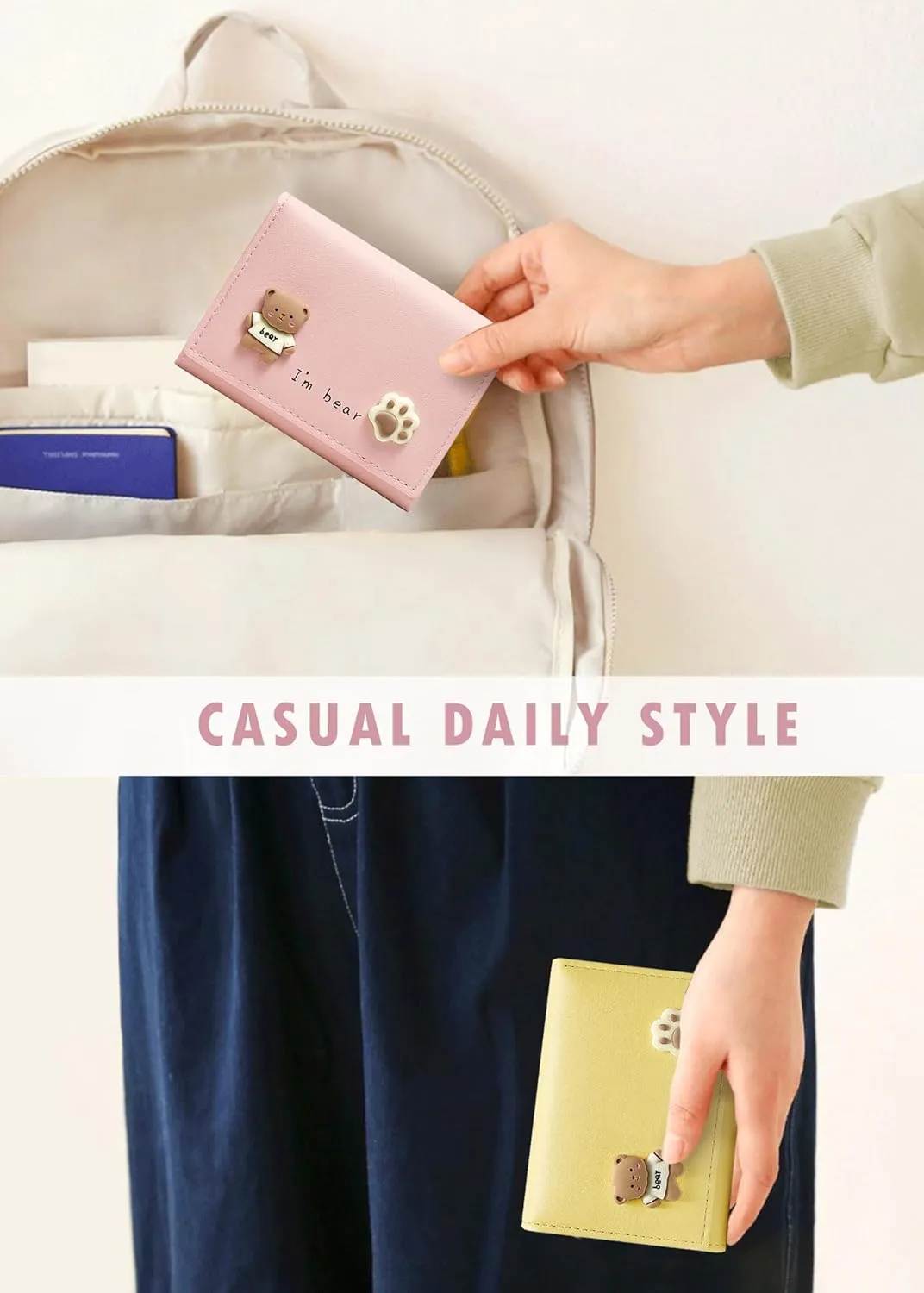 Cute Tri-Folded Wallet PU Leather Aesthetic Wallet Fashion Purse with Cash Pocket Card Slot Holder ID Window for Ladies and Women Cat Paw Pink
