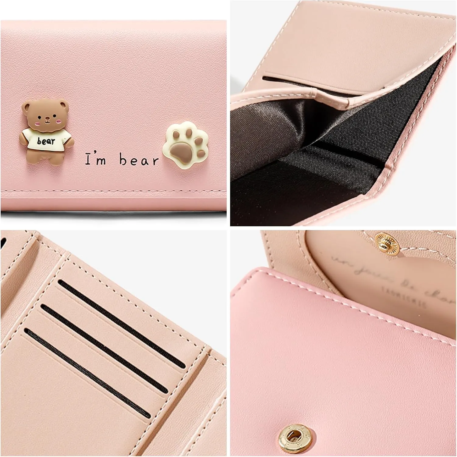 Cute Tri-Folded Wallet PU Leather Aesthetic Wallet Fashion Purse with Cash Pocket Card Slot Holder ID Window for Ladies and Women Cat Paw Pink