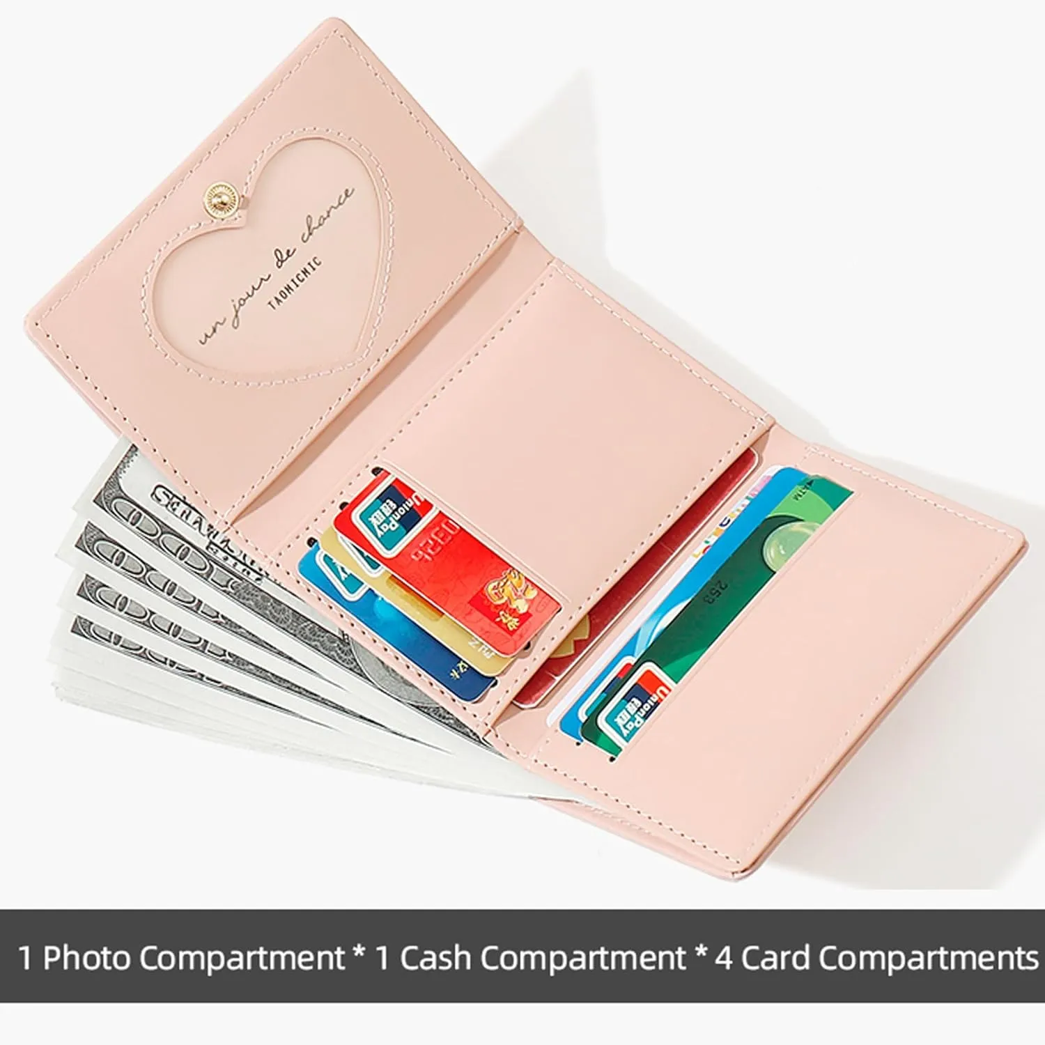 Cute Tri-Folded Wallet PU Leather Aesthetic Wallet Fashion Purse with Cash Pocket Card Slot Holder ID Window for Ladies and Women Cat Paw Pink