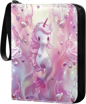 Cute Unicorns Pink Card Binder 4-Pocket, 400 Pockets Trading Cards Holder Games Card Albums Storage Organizer Case for Football, Baseball Cards