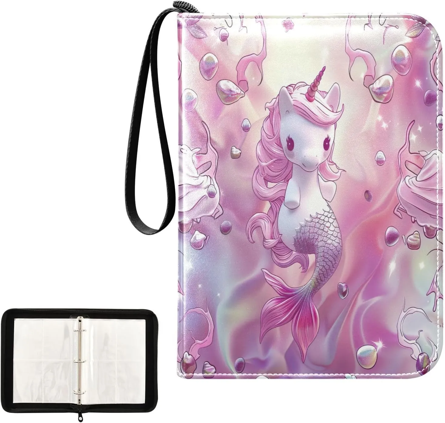 Cute Unicorns Pink Card Binder 4-Pocket, 400 Pockets Trading Cards Holder Games Card Albums Storage Organizer Case for Football, Baseball Cards