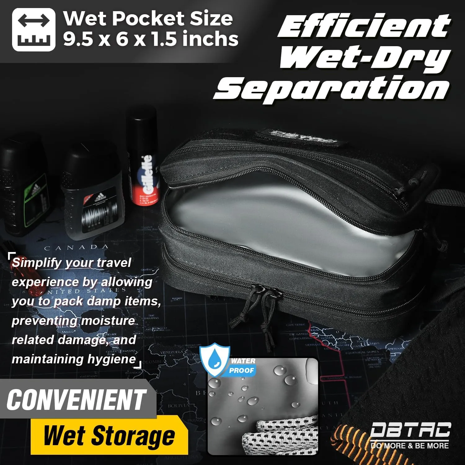 DBTAC Tactical Toiletry Bag for Men | Dry Wet Separate Hygiene Bag Compact Dopp Kit Mens Shaving Kit Travel shower Bag (Black)