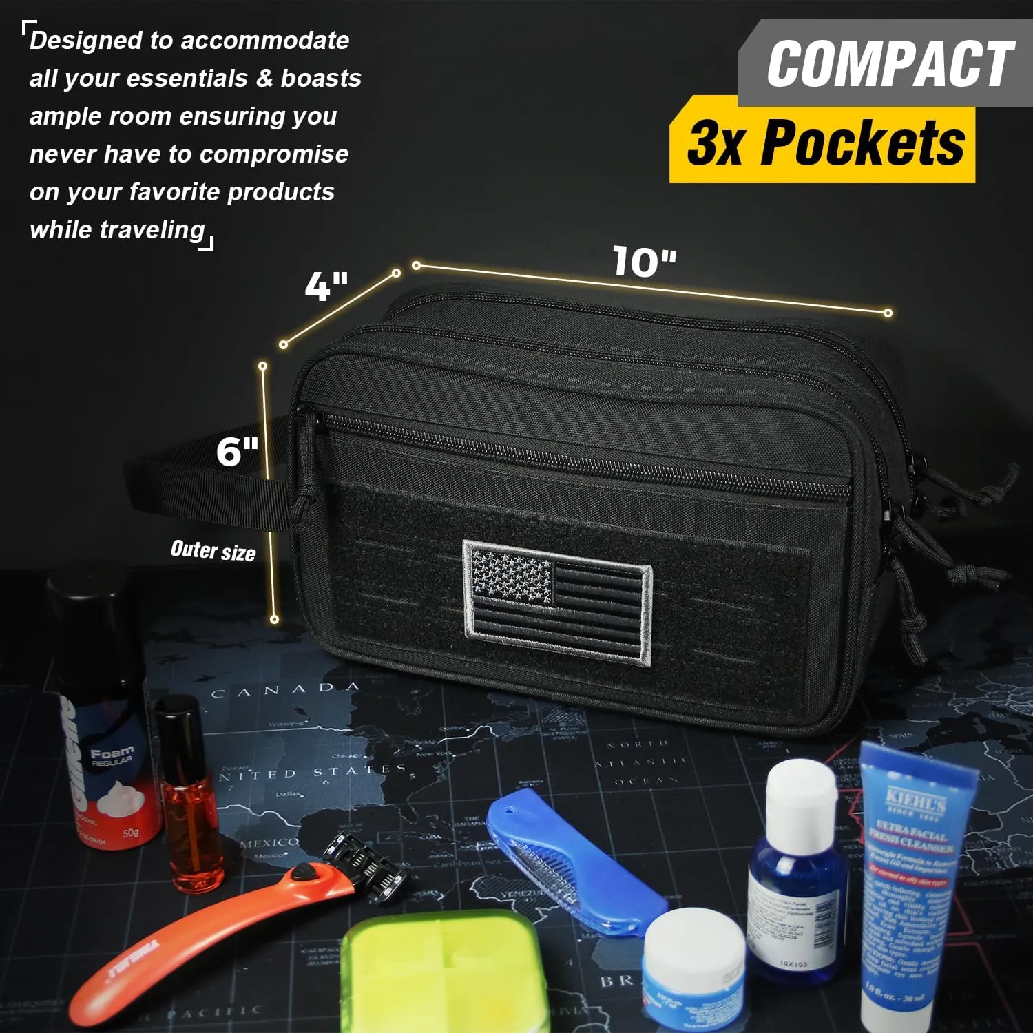 DBTAC Tactical Toiletry Bag for Men | Dry Wet Separate Hygiene Bag Compact Dopp Kit Mens Shaving Kit Travel shower Bag (Black)