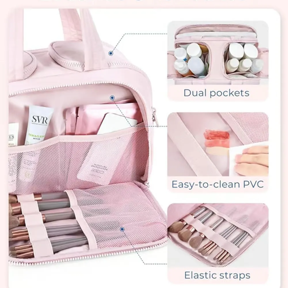 Decisive Makeup Bag, Large Capacity Wide-Open Travel Cosmetic Bag, Lightweight Toiletry Organizer for Traveling, 4-in-1 Puffy Multi-Functional Travel Toiletry Bags for Women (Purple)