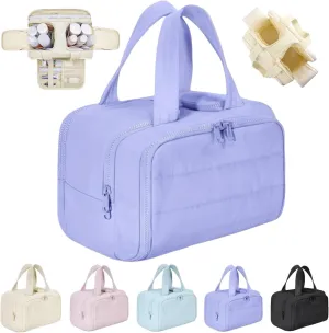 Decisive Makeup Bag, Large Capacity Wide-Open Travel Cosmetic Bag, Lightweight Toiletry Organizer for Traveling, 4-in-1 Puffy Multi-Functional Travel Toiletry Bags for Women (Purple)