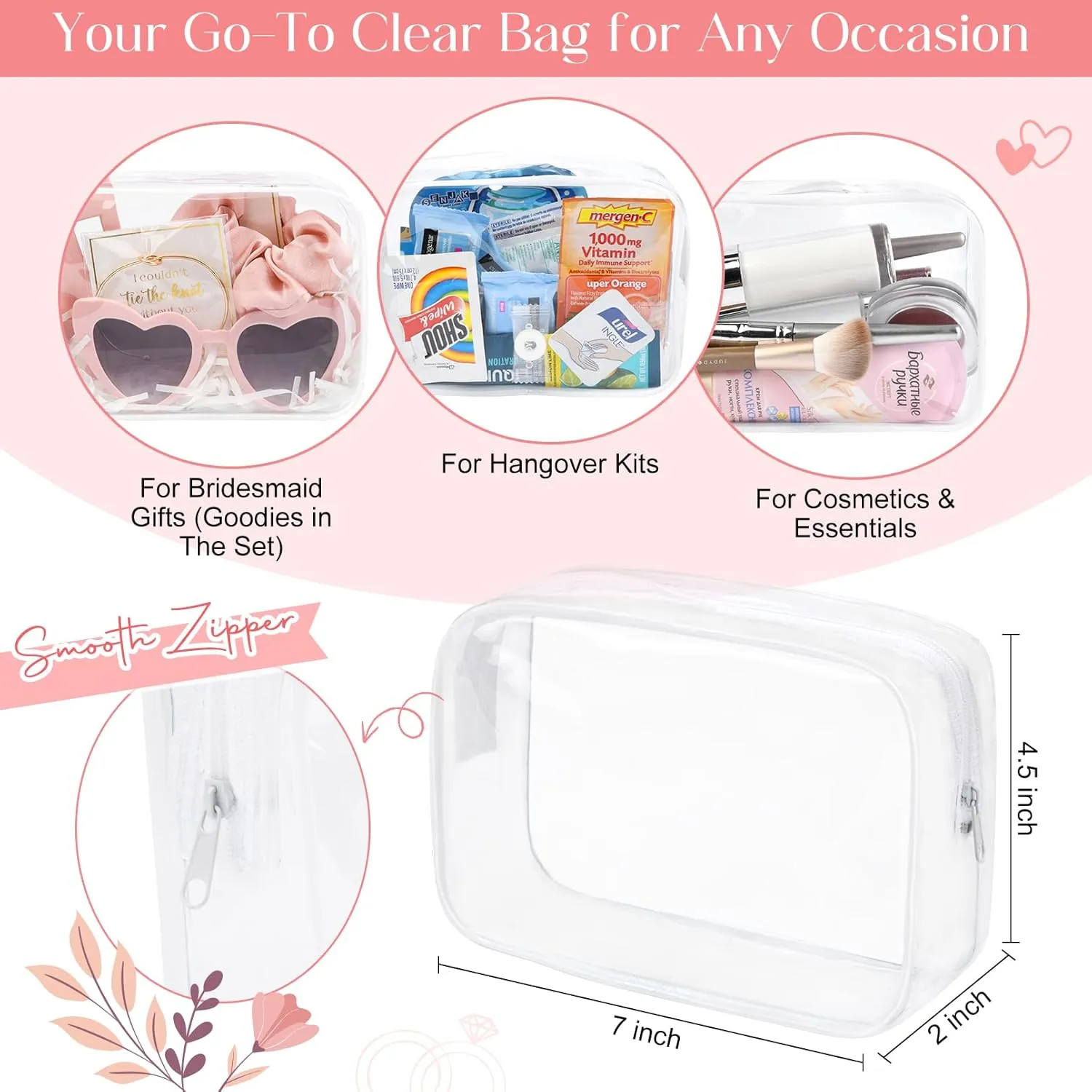 DEEKA 30 Pcs Bridesmaid Proposal Bag Set Gift Clear Makeup Toiletry Bag Bachelorette Party Favors Sunglasses Hair Claw Clips Scrunchies Knot Bracelets Bridal Wedding Party Gifts (Pink)