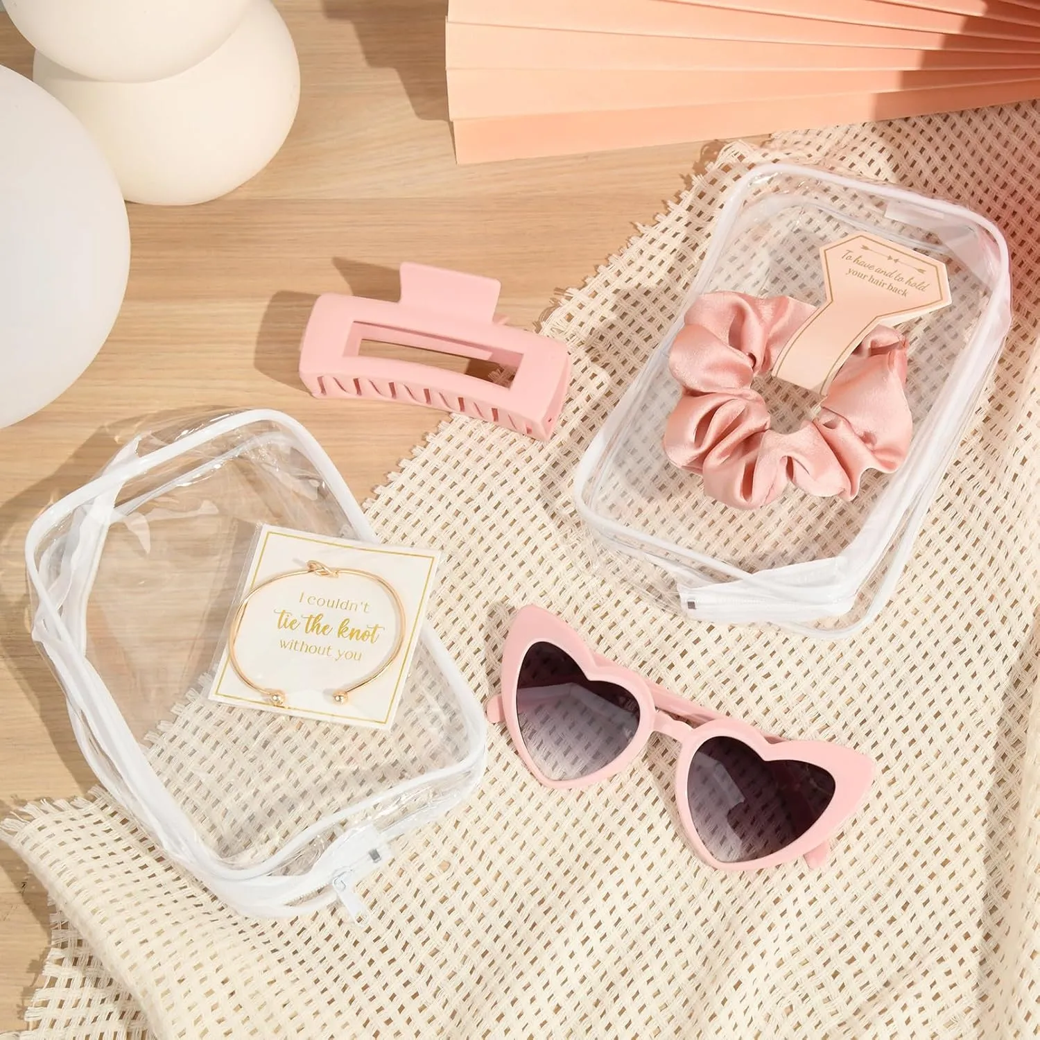 DEEKA 30 Pcs Bridesmaid Proposal Bag Set Gift Clear Makeup Toiletry Bag Bachelorette Party Favors Sunglasses Hair Claw Clips Scrunchies Knot Bracelets Bridal Wedding Party Gifts (Pink)
