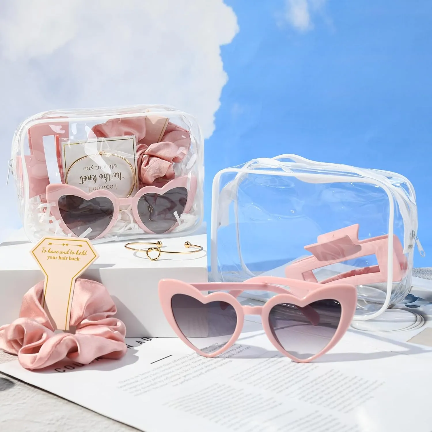 DEEKA 30 Pcs Bridesmaid Proposal Bag Set Gift Clear Makeup Toiletry Bag Bachelorette Party Favors Sunglasses Hair Claw Clips Scrunchies Knot Bracelets Bridal Wedding Party Gifts (Pink)