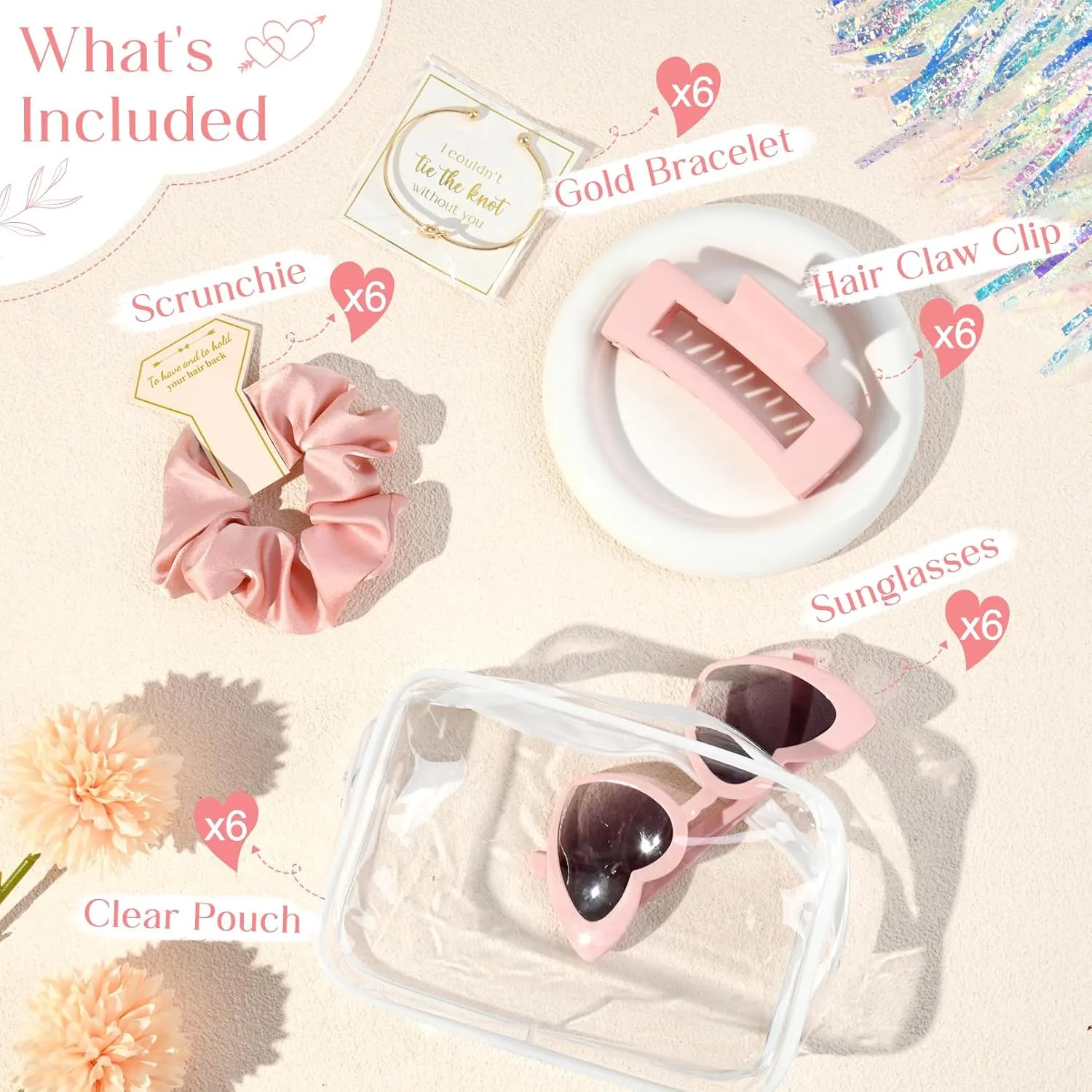 DEEKA 30 Pcs Bridesmaid Proposal Bag Set Gift Clear Makeup Toiletry Bag Bachelorette Party Favors Sunglasses Hair Claw Clips Scrunchies Knot Bracelets Bridal Wedding Party Gifts (Pink)