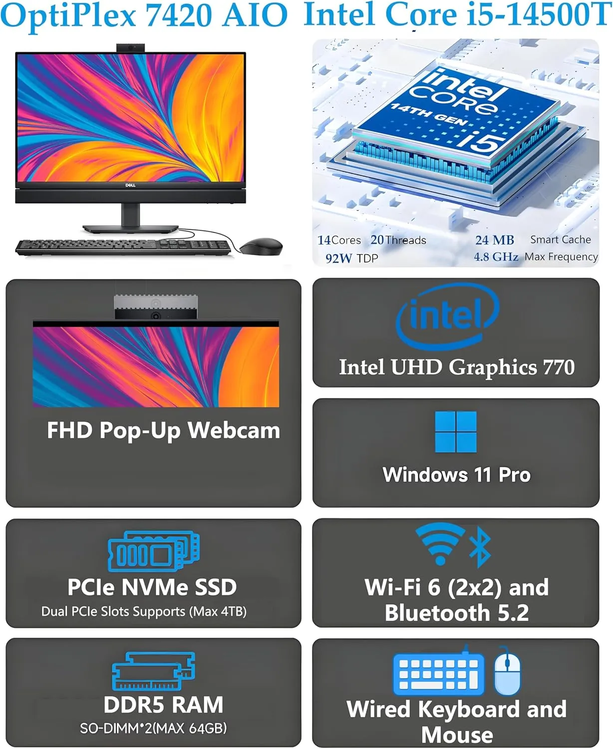 Dell OptiPlex 7420 7000 24 Business All-in-One Desktop Computer, 64GB DDR5 RAM, 1TB PCIe SSD, 14th Gen Intel 14-Core i5-14500T (Beat i7-13700T), 23.8" FHD, WiFi 6, USB-C, DisplayPort, Windows 11 Pro