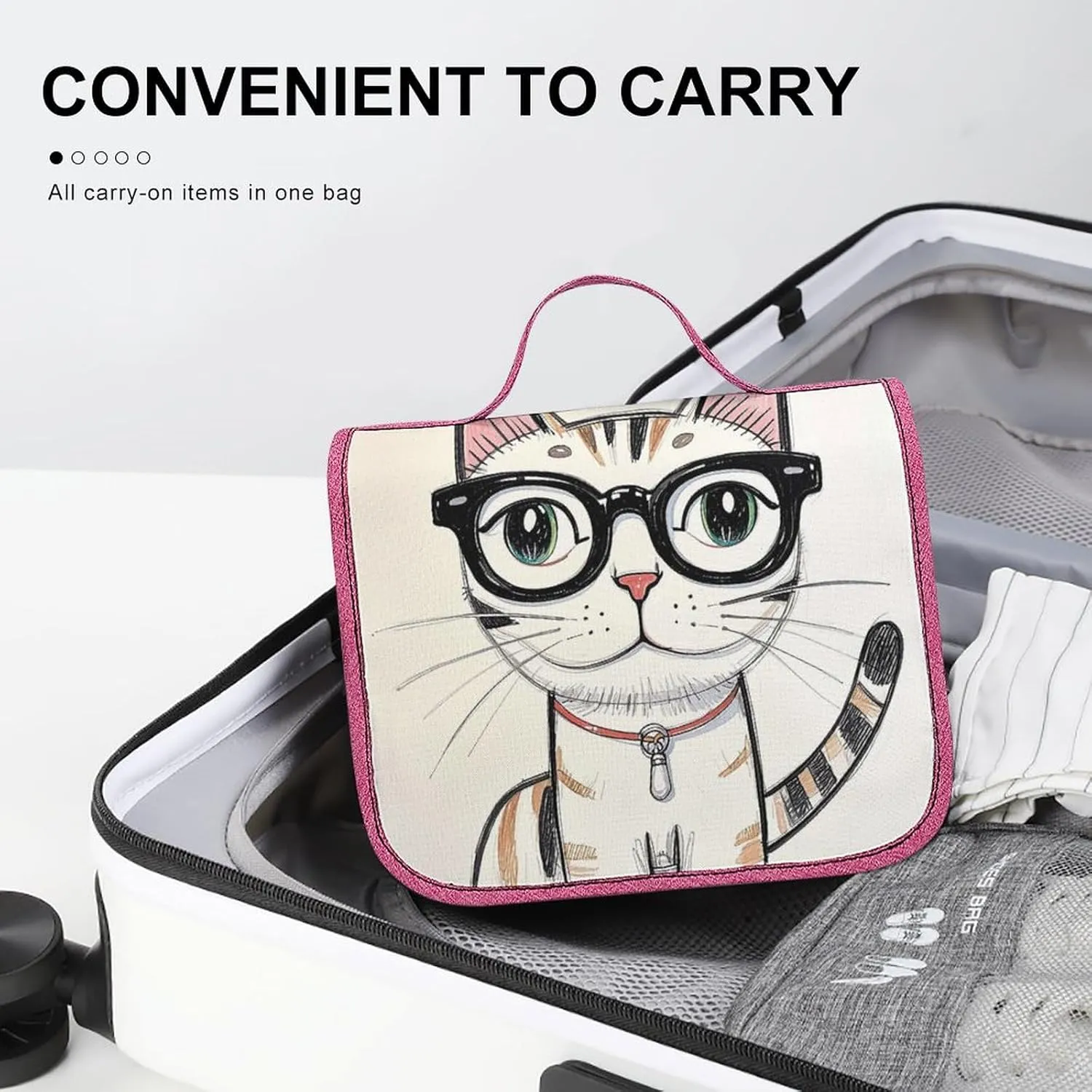 Design Hipster Cat Kitten Glasses Travel Toiletry Bag for Women,Hanging Toiletry Organizer with Hook, Makeup Bag Travel Organizer for Shampoo,Toiletriesl