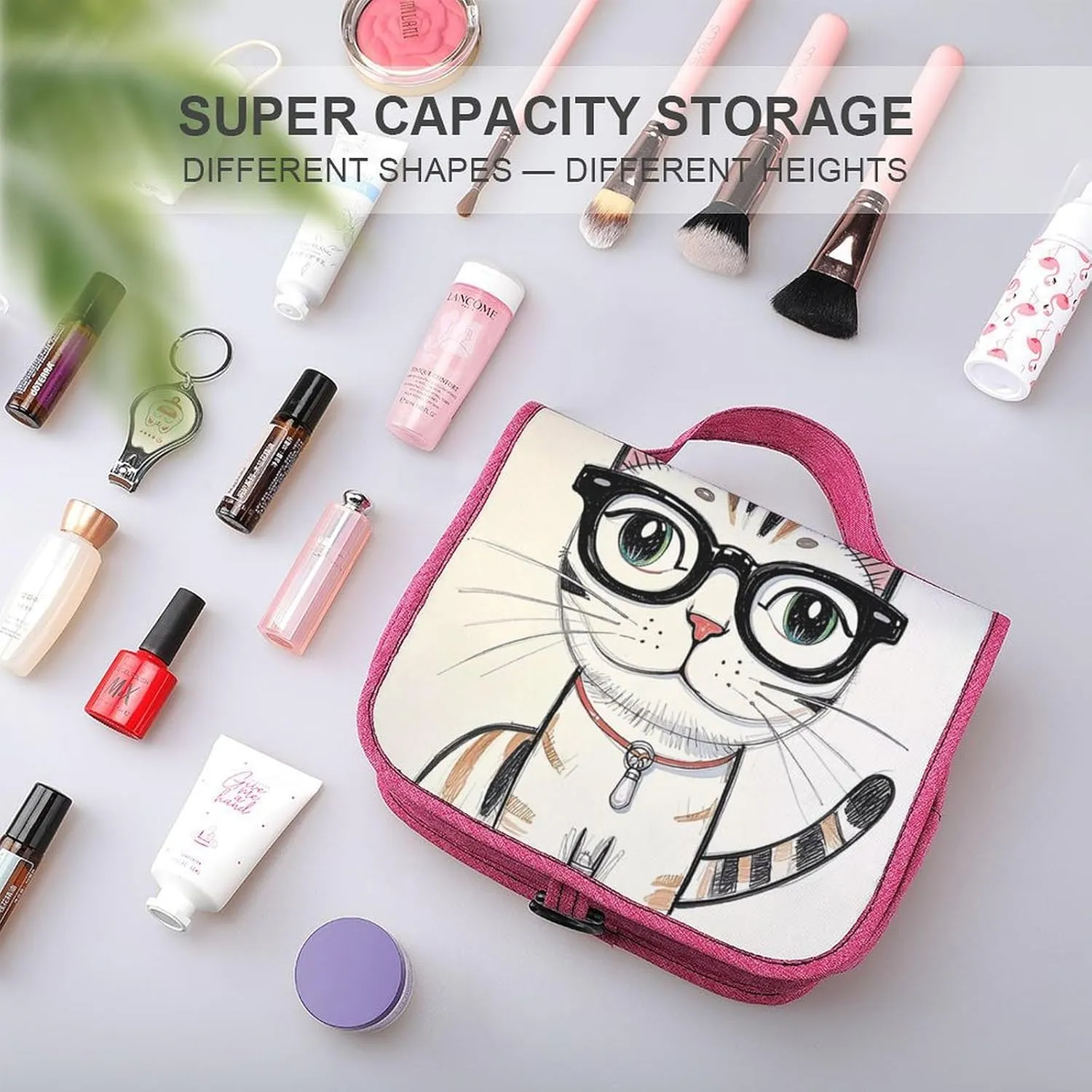 Design Hipster Cat Kitten Glasses Travel Toiletry Bag for Women,Hanging Toiletry Organizer with Hook, Makeup Bag Travel Organizer for Shampoo,Toiletriesl