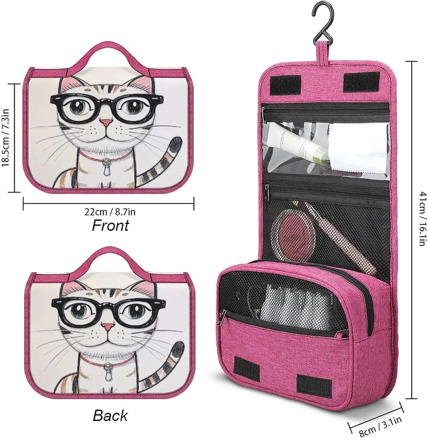 Design Hipster Cat Kitten Glasses Travel Toiletry Bag for Women,Hanging Toiletry Organizer with Hook, Makeup Bag Travel Organizer for Shampoo,Toiletriesl