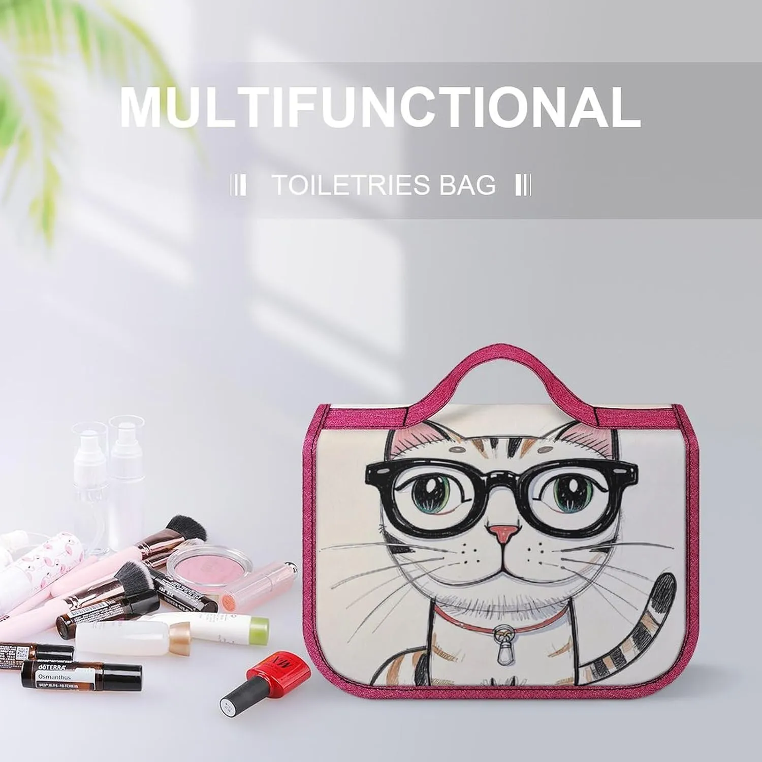 Design Hipster Cat Kitten Glasses Travel Toiletry Bag for Women,Hanging Toiletry Organizer with Hook, Makeup Bag Travel Organizer for Shampoo,Toiletriesl
