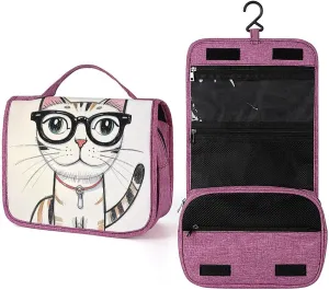Design Hipster Cat Kitten Glasses Travel Toiletry Bag for Women,Hanging Toiletry Organizer with Hook, Makeup Bag Travel Organizer for Shampoo,Toiletriesl