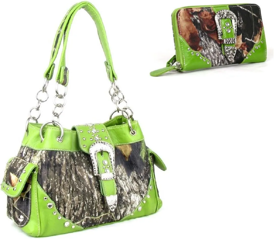 DH JP Camo Bling Rhinestone Buckle Shoulder Bag Purse Zipper Wristlet Wallet Set