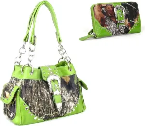 DH JP Camo Bling Rhinestone Buckle Shoulder Bag Purse Zipper Wristlet Wallet Set