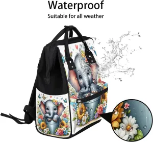 Diaper Bag Backpack Animal Flower Elephant Baby Bag for Boys& Girls, Waterproof Mummy Bag, Baby Nappy Changing Bags, Large Capacity Tote Handbags Casual Travel Backpacks for Mom Dad Unisex