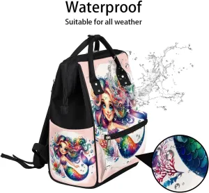Diaper Bag Backpack Cute Mermaid Pink Baby Bag for Boys& Girls, Waterproof Mummy Bag, Baby Nappy Changing Bags, Large Capacity Tote Handbags Casual Travel Backpacks for Mom Dad Unisex