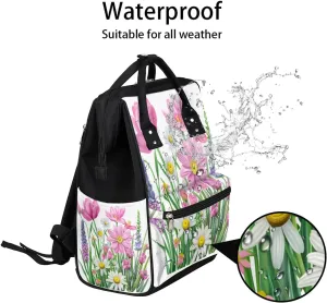 Diaper Bag Backpack Flowers Beautiful Pink Baby Bag for Boys& Girls, Waterproof Mummy Bag, Baby Nappy Changing Bags, Large Capacity Tote Handbags Casual Travel Backpacks for Mom Dad Unisex