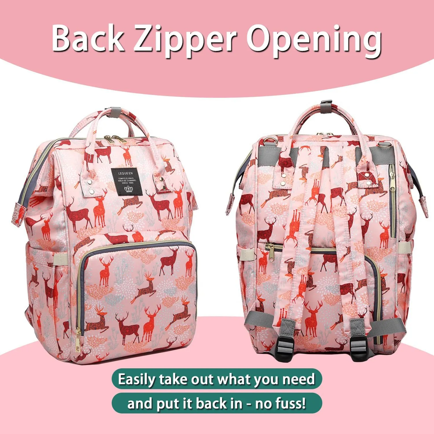 Diaper Bag Backpack for Mom Dad, Maternity Changing Bag Diaper Backpack with Stroller Straps(deer pink)