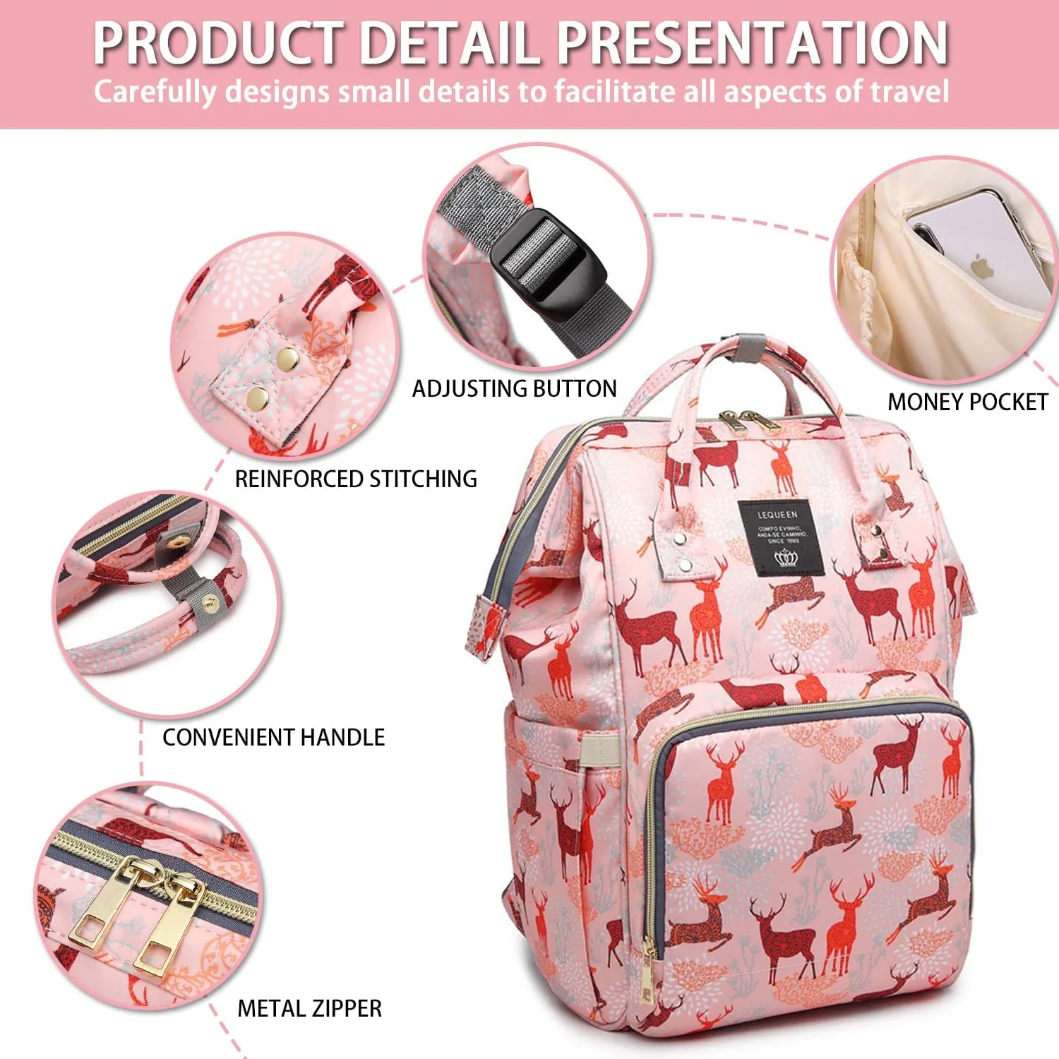 Diaper Bag Backpack for Mom Dad, Maternity Changing Bag Diaper Backpack with Stroller Straps(deer pink)