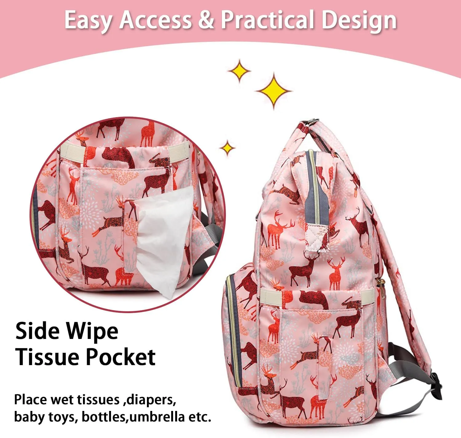 Diaper Bag Backpack for Mom Dad, Maternity Changing Bag Diaper Backpack with Stroller Straps(deer pink)