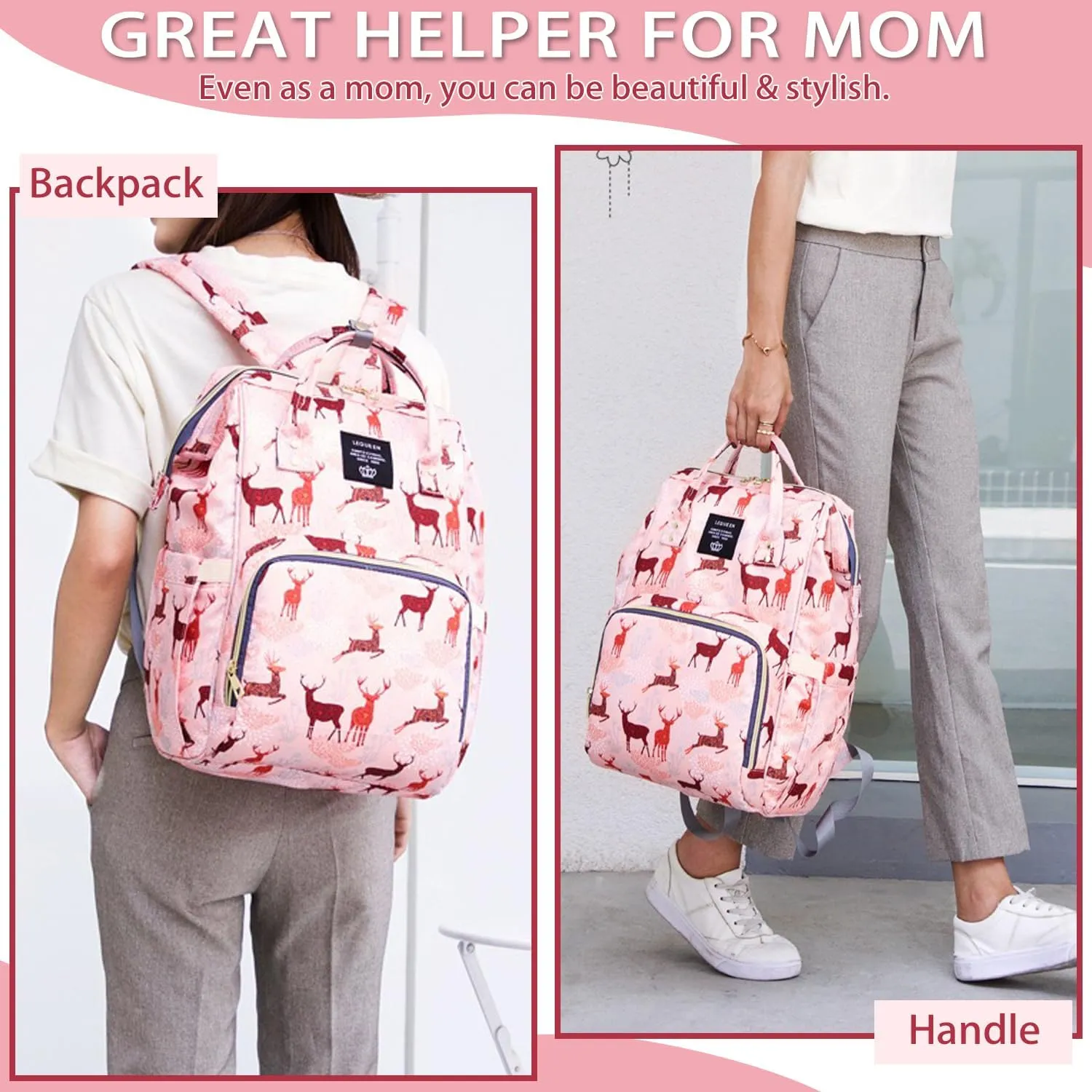 Diaper Bag Backpack for Mom Dad, Maternity Changing Bag Diaper Backpack with Stroller Straps(deer pink)