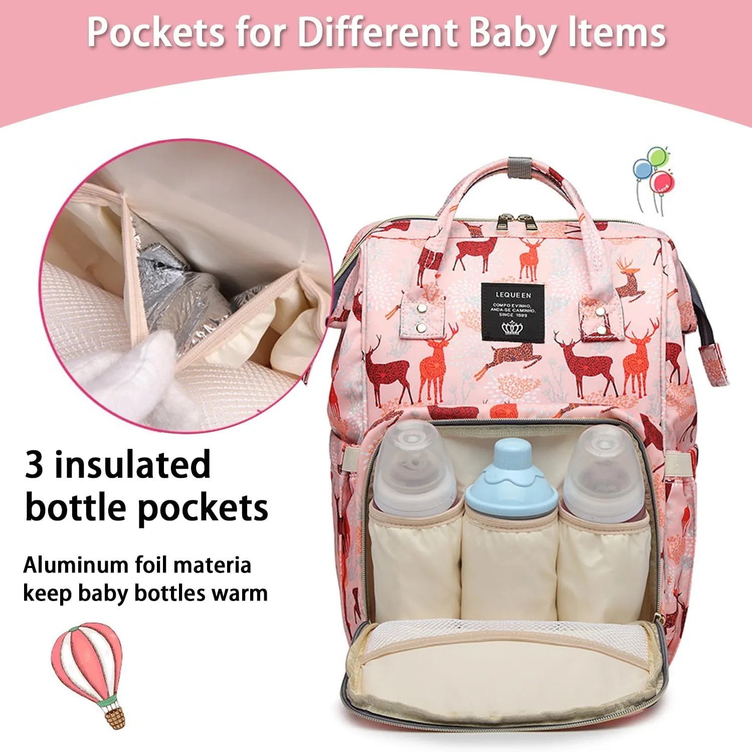 Diaper Bag Backpack for Mom Dad, Maternity Changing Bag Diaper Backpack with Stroller Straps(deer pink)