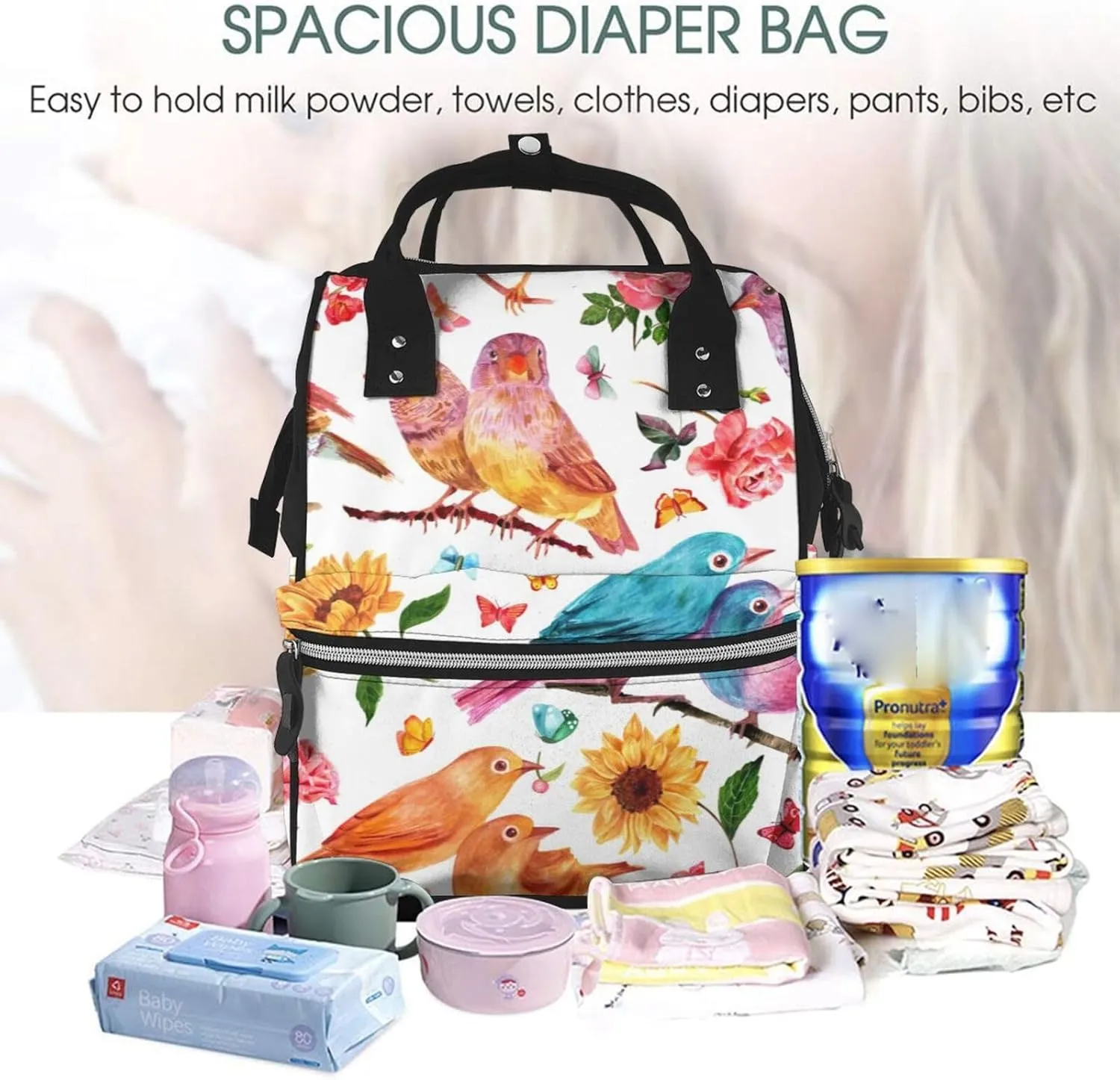 Diaper Bag Backpack For Women, Flowers Birds And Butterflies Waterproof Multifunction Travel Pack Maternity Baby Changing Bags, Nappy Baby Bags With Multi-Function For Baby