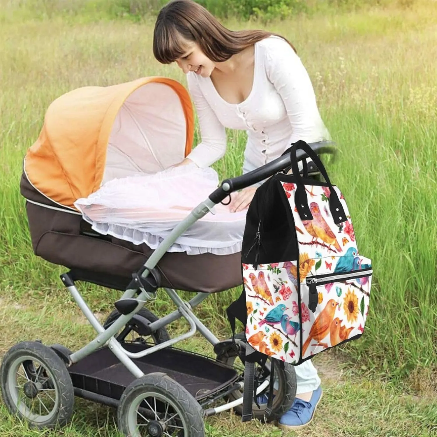 Diaper Bag Backpack For Women, Flowers Birds And Butterflies Waterproof Multifunction Travel Pack Maternity Baby Changing Bags, Nappy Baby Bags With Multi-Function For Baby