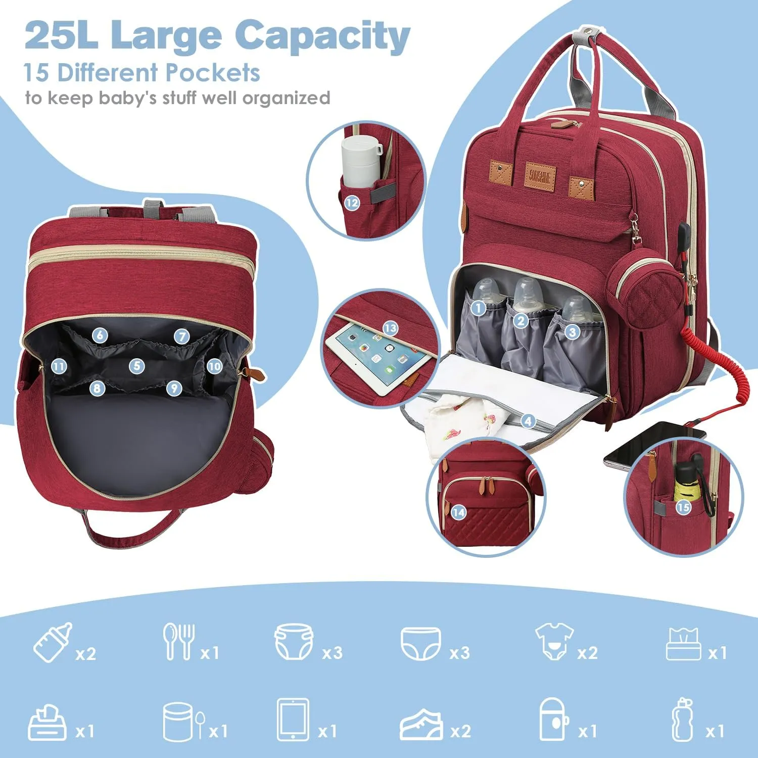 Diaper Bag Backpack, Large Diaper Bag with Changing Station, Baby Diaper Bag, New Mom Gifts, Lightweight Waterproof Unisex Diaper Bag with Insulated Pockets and USB Charging Port, Red