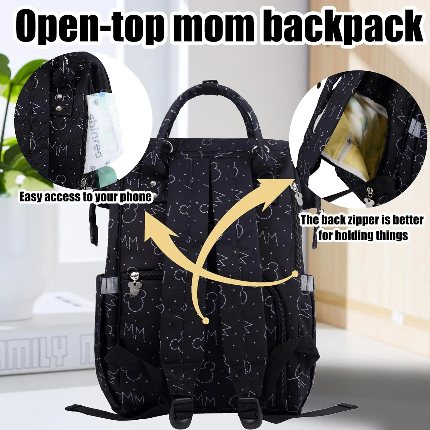 Diaper Bag Backpack Multifunction Large Bags with Changing Pad & Stroller Straps Pacifier Case Unisex(Black Mickey)