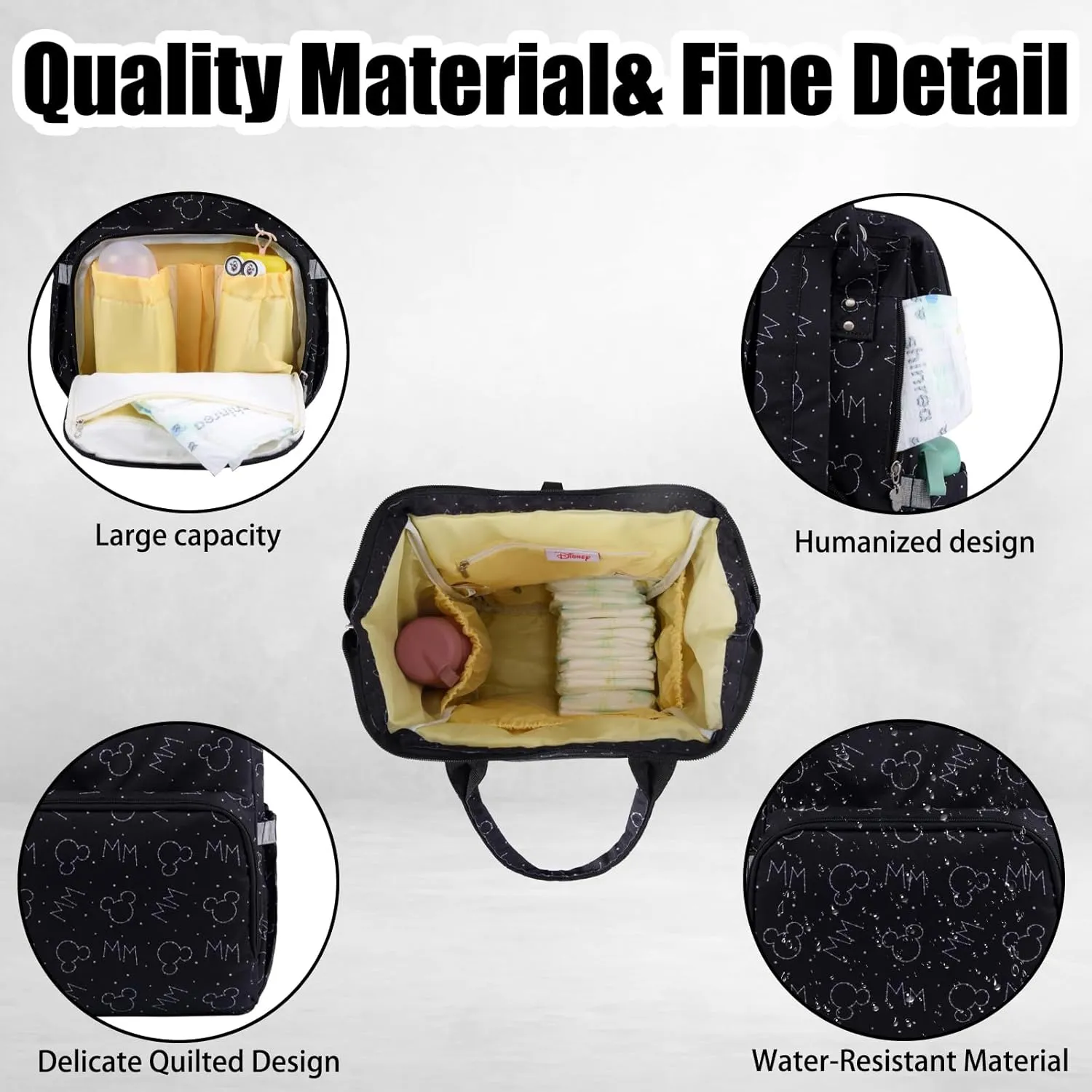 Diaper Bag Backpack Multifunction Large Bags with Changing Pad & Stroller Straps Pacifier Case Unisex(Black Mickey)